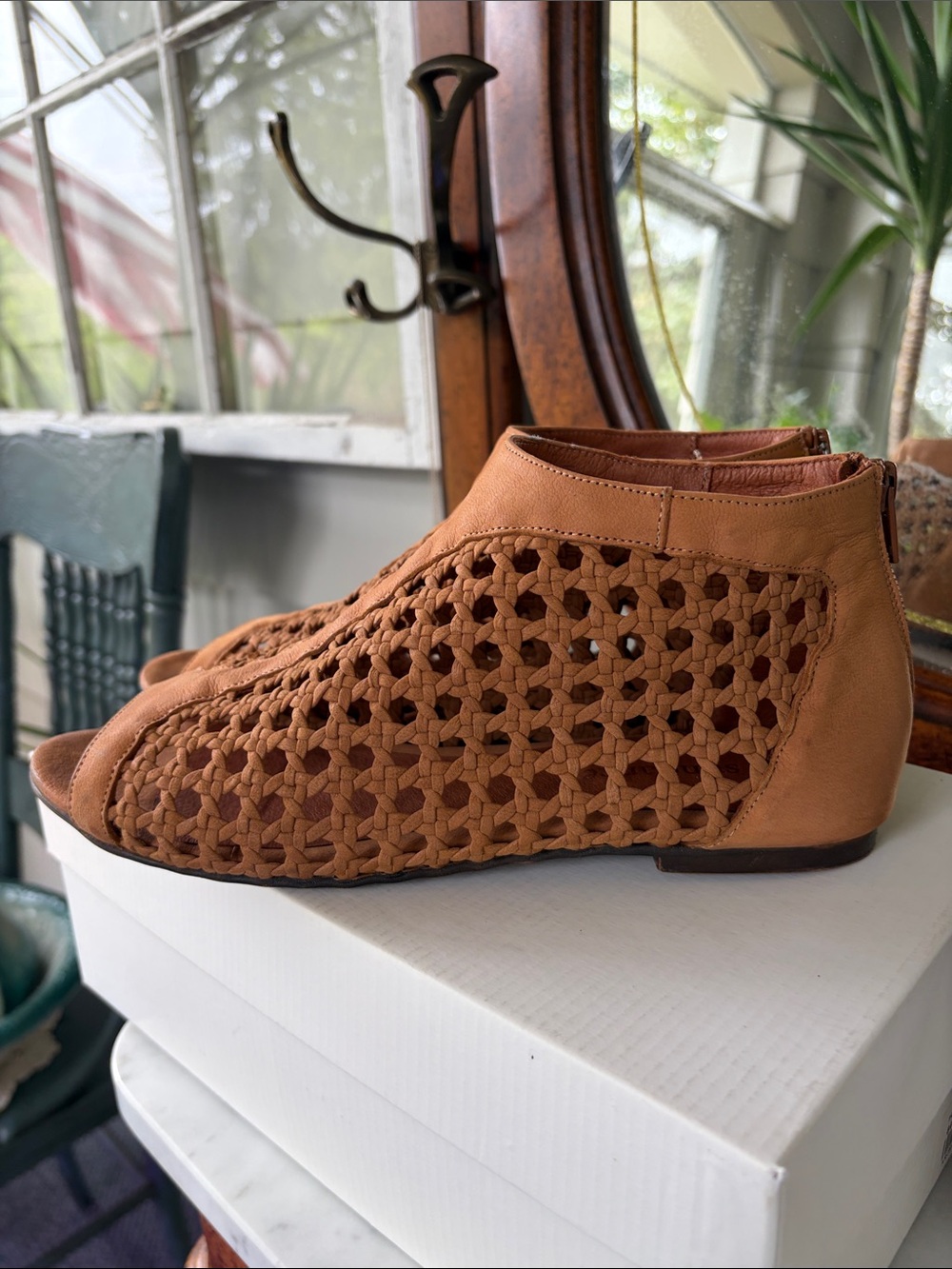 Sundance Sandals Made in Spain Delphia Leather Cognac Woven Peep-Toe Ankle